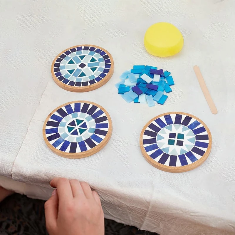 1 Set DIY Mosaic Craft Kit For Adults Beginner,Blue Glass Mosaic Tiles Pieces With Blank Base Tray For Handmade Art Home