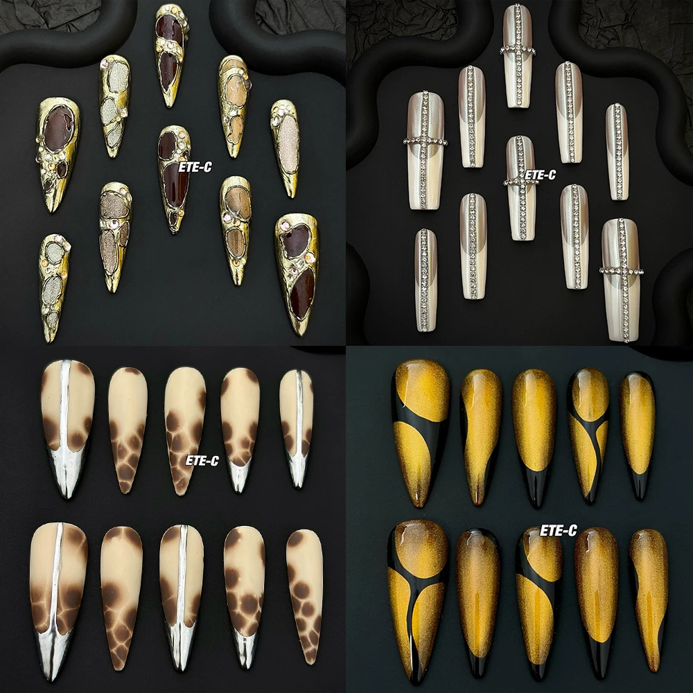 

Spicy Girl Handmade Long Coffin Stiletto French Press On Nails 3D Flower Diamond Pearl Butterfly Lace Bowknot Reusable Fake Nail