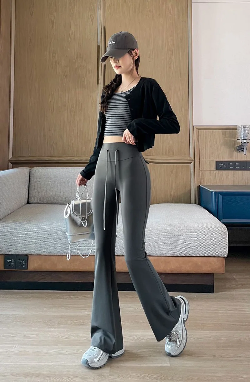 BIVIGAOS Autumn New Drawstring High Waist Micro Flared Leggings Women Slim Fit Elastic Fashionable Casual Sports Flared Pants