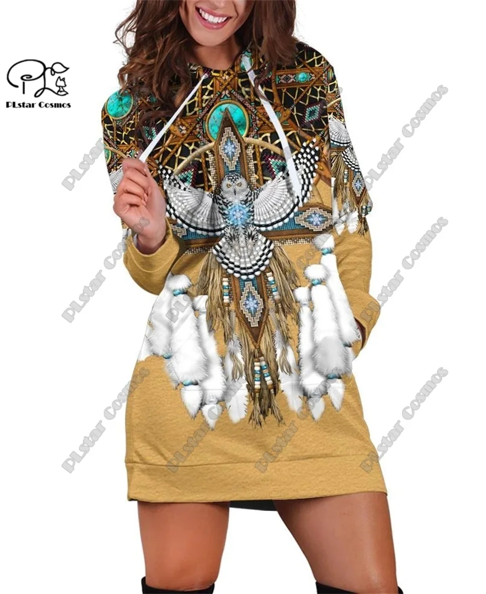 PLstar Cosmos 3D Printing Latest Retro Aboriginal Wolf Feather Totem Hoodie Dress Harajuku Streetwear Pullover Women's Style 2