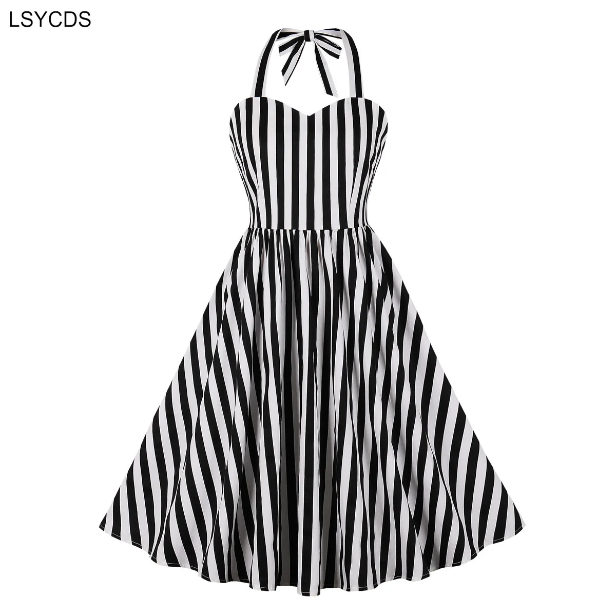 LSYCDS Black and White Striped Women Vintage Dresses Evening Party  Halter Sweetheart Neck Pleated Cotton Dress Backless Dress