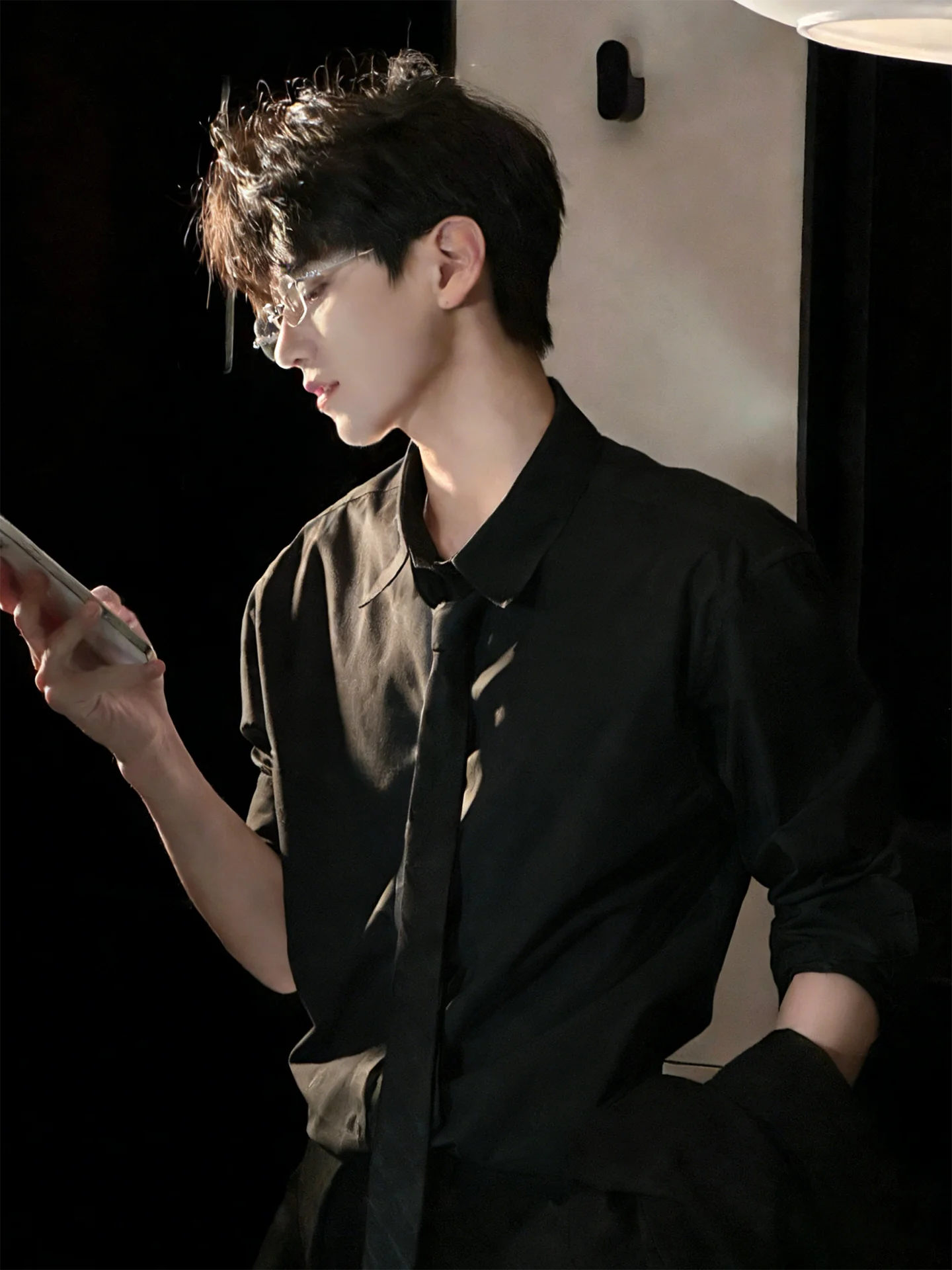 

Naples Bla Godfather Long Sve irt Men's High-End Feeling Haome CleanFit Suit Inner irt Jaet Loose Fit Button down