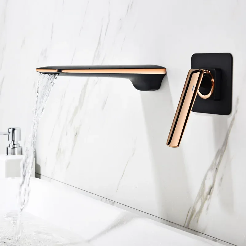 

Basin Faucet Rose Gold and Black Bathroom Sink In-Wall Black Waterfall Tap Basin Mixer Tap Set Combination Blanoir