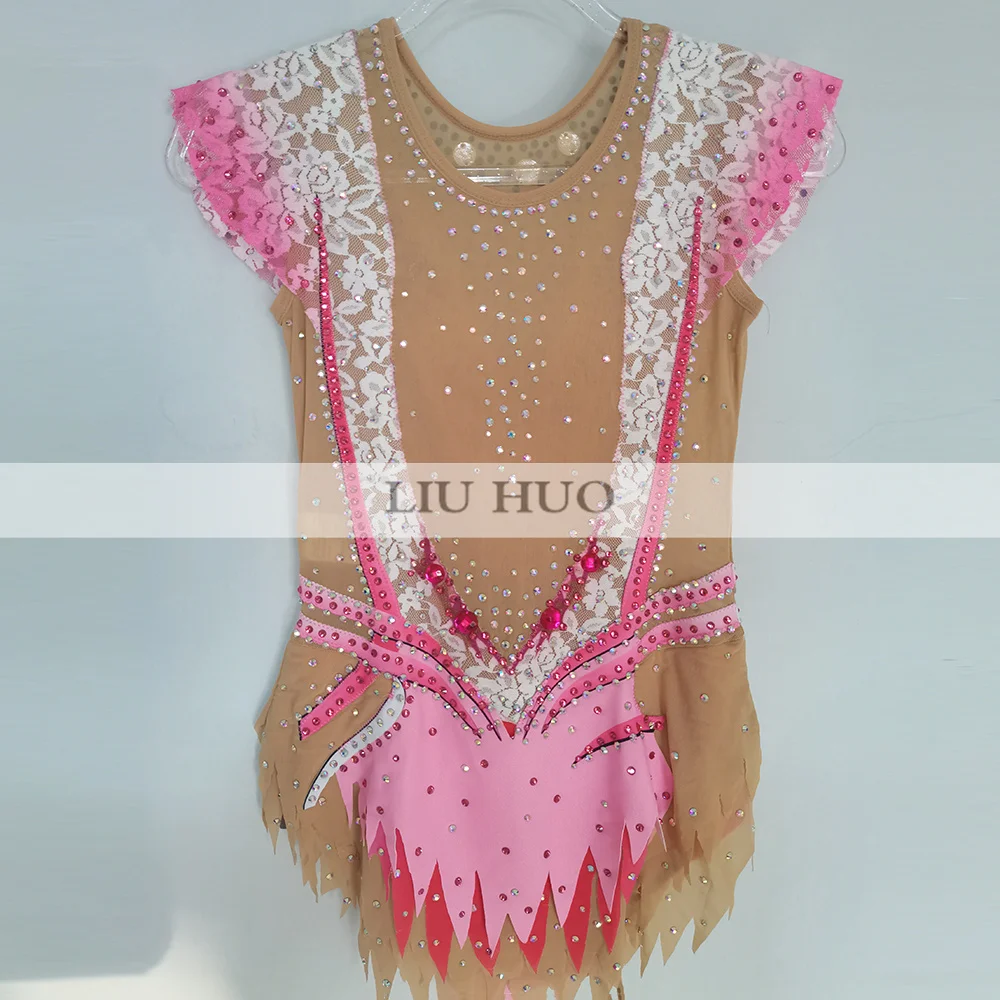 LIUHUO Rhythmic Gymnastics Leotard Customize Adult Women Girl Costume Performance Competition Dance Dress Pink Gradient Lace Kid