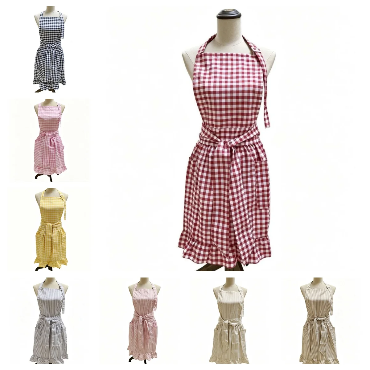 Women Gingham Striped Apron Dress Thin Polyester‑Cotton Halter Kitchen Apron Ruffle Hem With Pocket For Cooking Baking Household