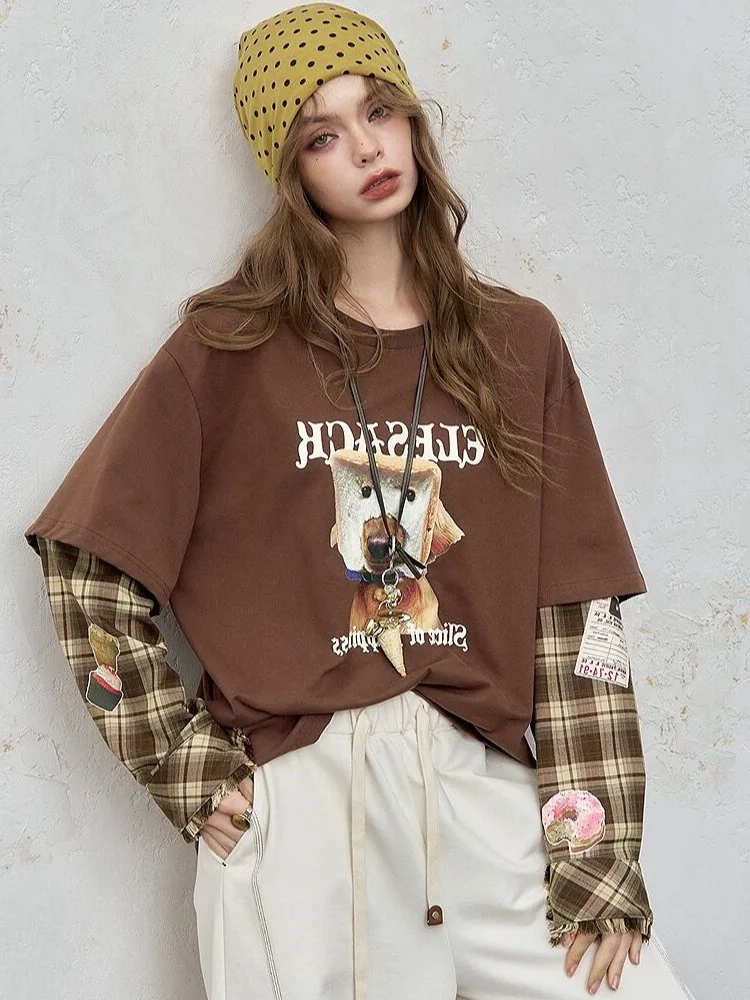 

Retro 2025 Spring Autumn New Sle Dog Plaid Splicing Loose Women's Long Sve T-irt Versatile Top Fairy Faion Ladies' C...