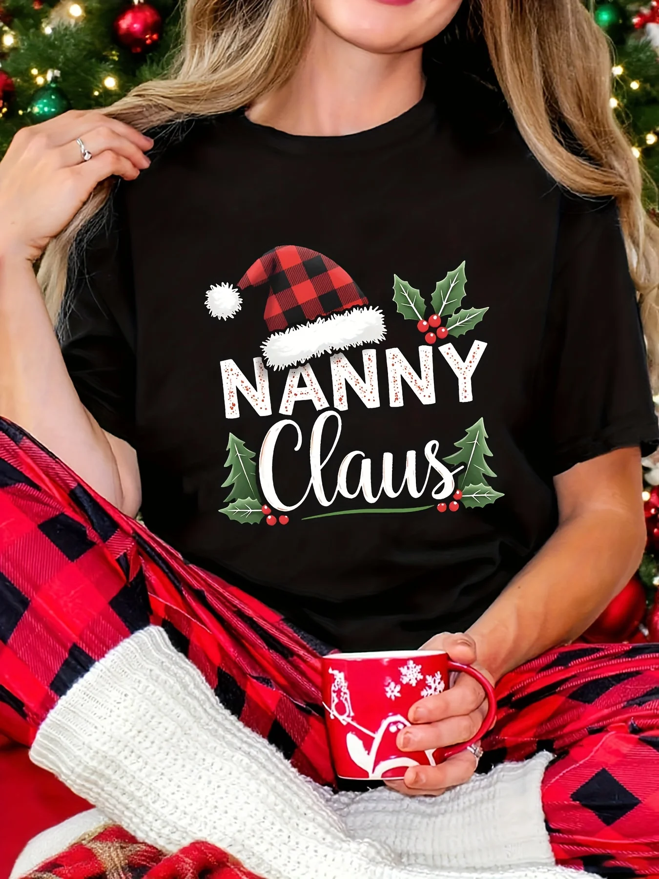 Festive Xmas Tee Ladies Nanny Claus Plaid Santa Hat Holly Pine Berry Print Loose Casual Shirts