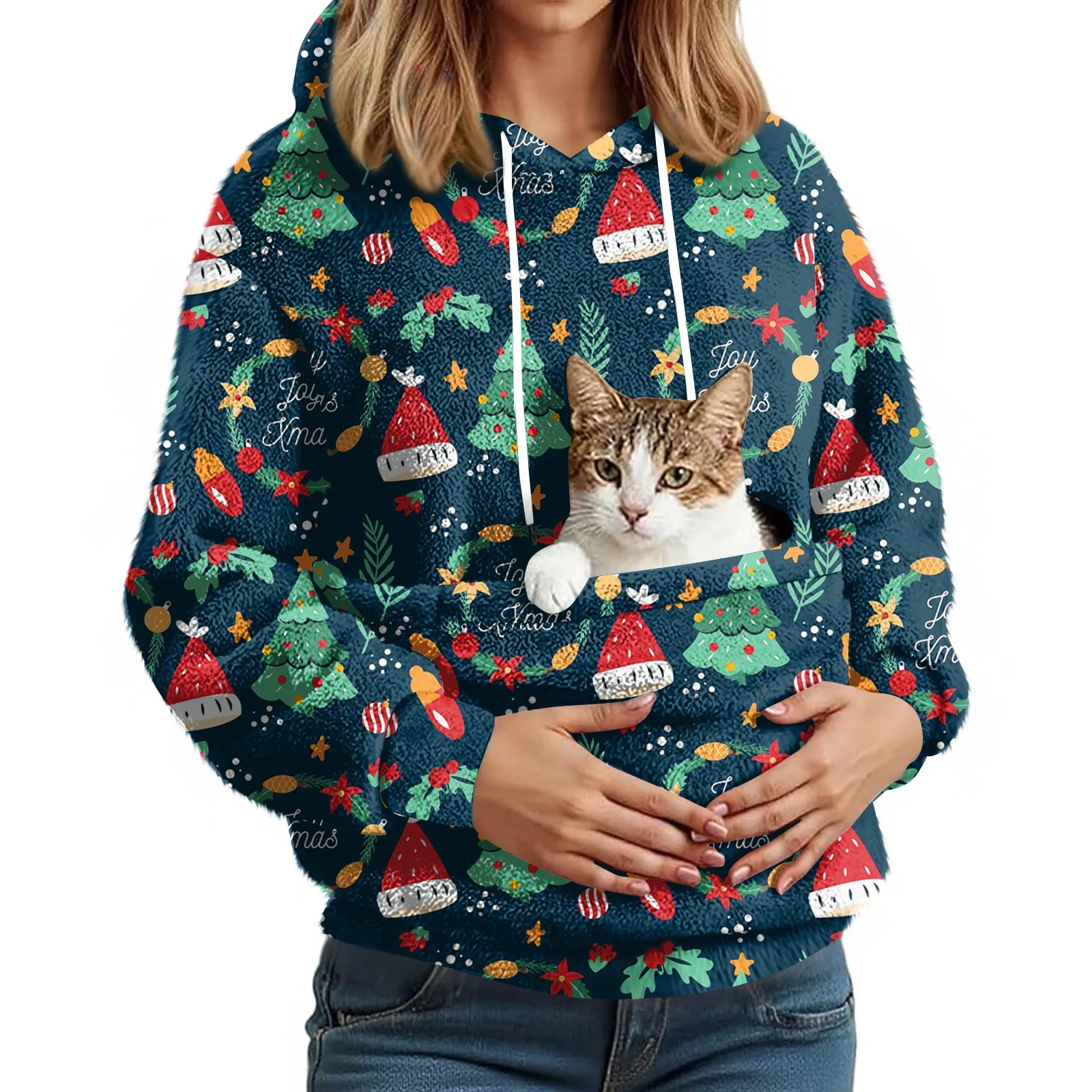 여성용 패셔너블 캐주얼 플리스 안감 긴 소매 포켓 후드 프린트 스웨트셔츠 여성 의류 겨울 의류 여성