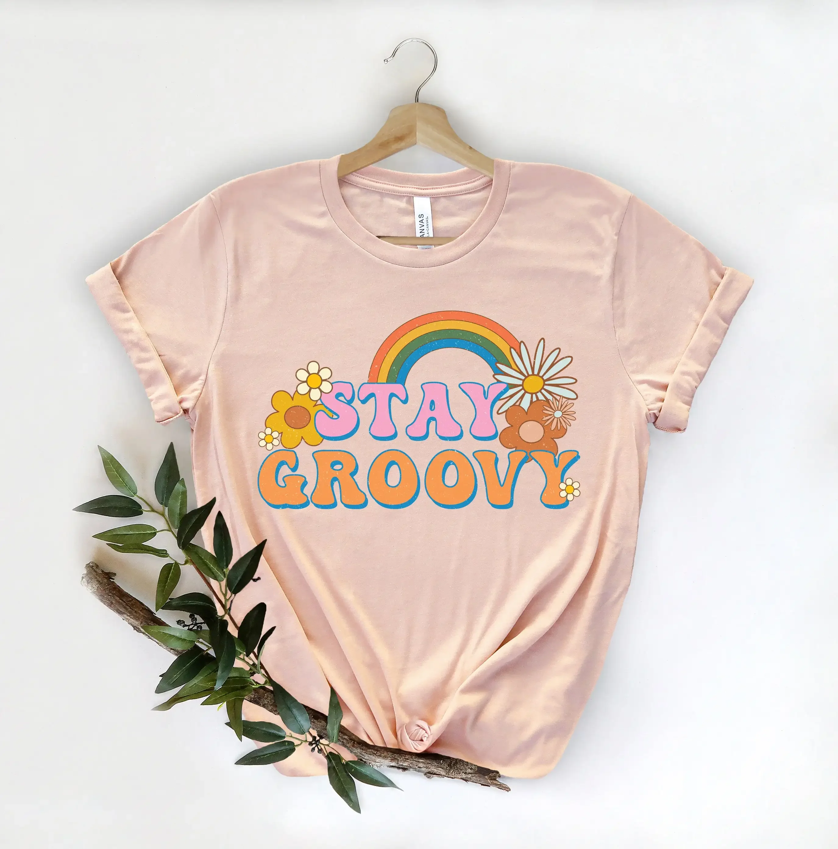 Retro Stay Groovy T Shirt Rainbow Hippie Womens Vintage Bohemian Girls Weekend