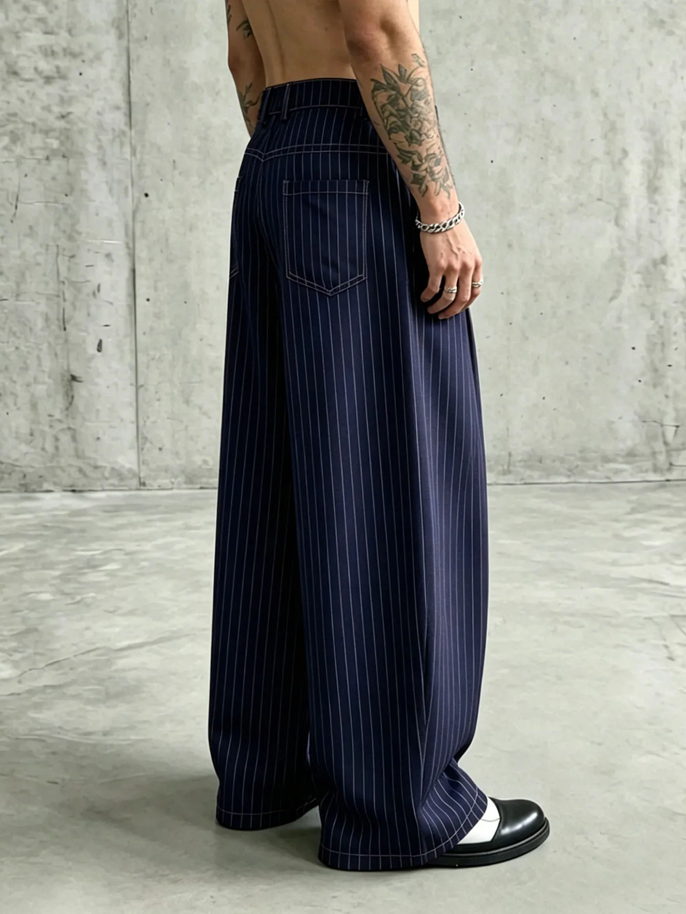 Herren Navy Nadelstreifen Weite Baggy-Hose Dehnbar Knitterfrei Übergroße Loose-Fit Bananenhose Business Street Chinos – Detail 6