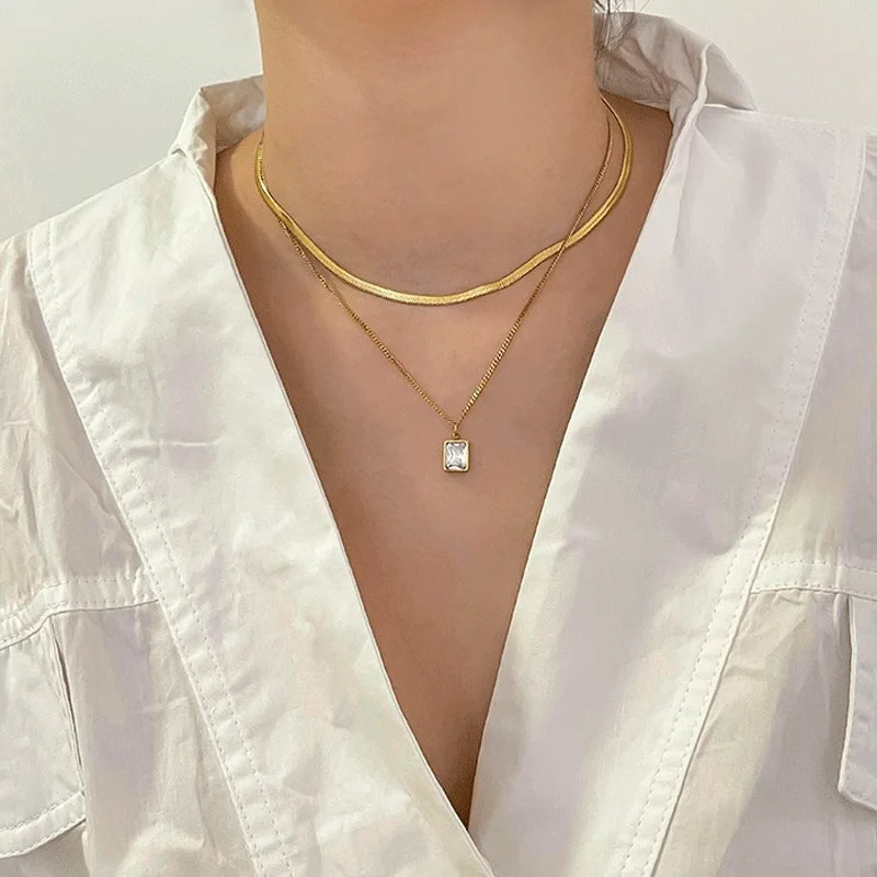 316L Stainless Steel New Fashion Fine Jewelry 2 Layer Geometry Embedded Zircon Charms Chain Choker Necklaces & Pendant For Women
