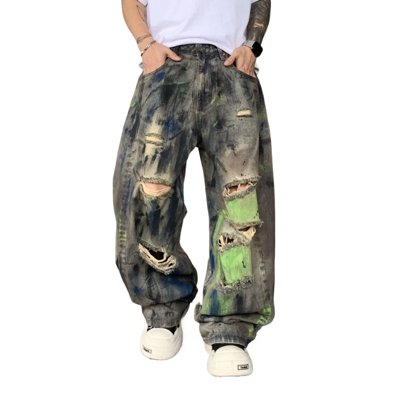 Denim Pant Men Jeans Vintage Wide Leg Long Pants High Waist Distressed Hole Splatter Trousers Y2k Streetwear Dirty Casual Spring