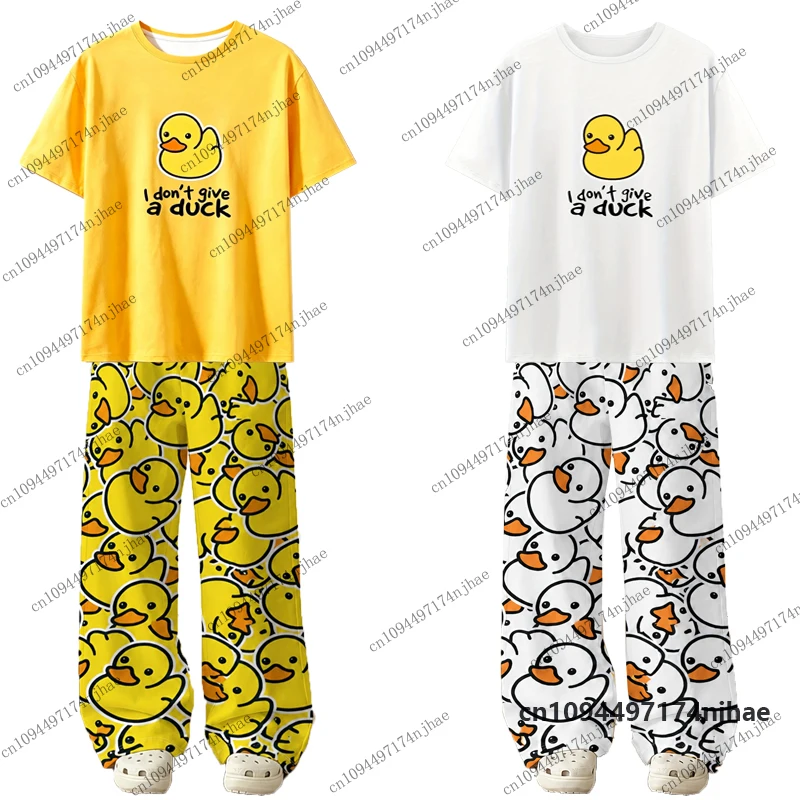 2 Piece Outfits Men’s Tracksuit Cartoon Yellow Duck Print T-shirt+Pajamas Sets Casual Couples Long Pants Suit Oversized Clothes