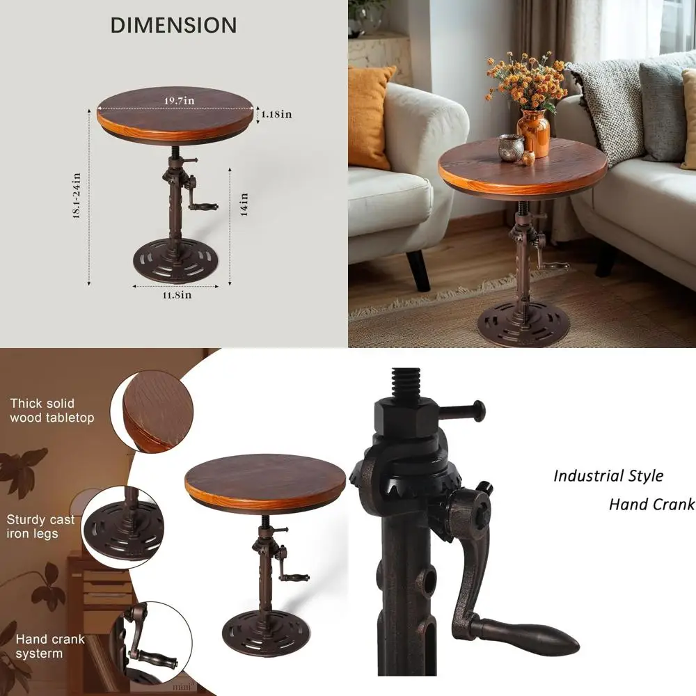 

Round 19.6'' Metal Wooden Side Table Industrial Style Tea Table Hand Crank Adjustable Height Coee Table or Living Room, Bedroom