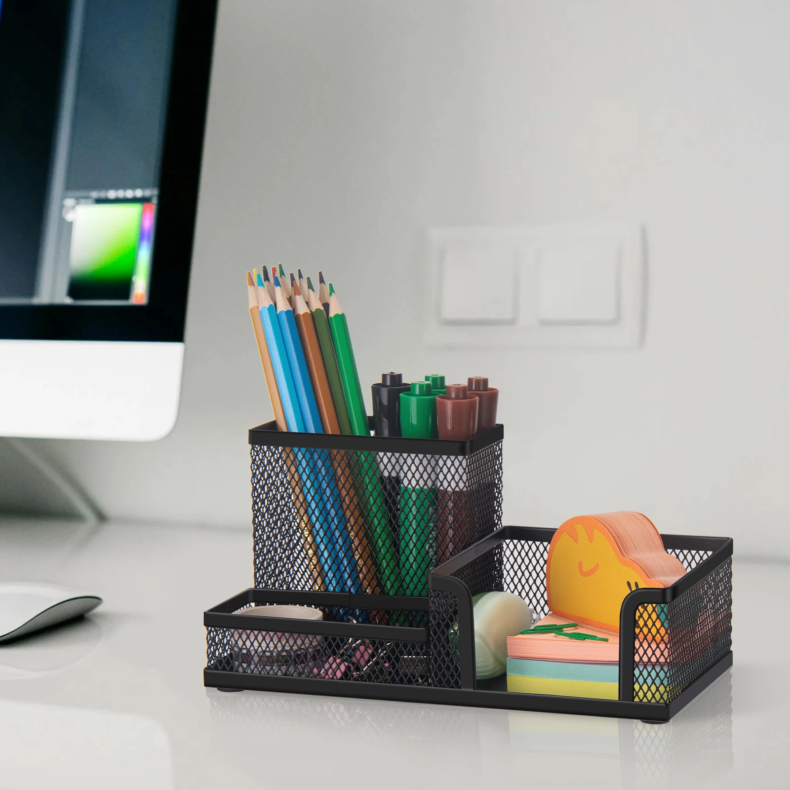 Comix Black Multi-function Iron Art Pen Stand, Wear-resistant Stable Desktop Storage Bucket, Universal Stationery Organizer for