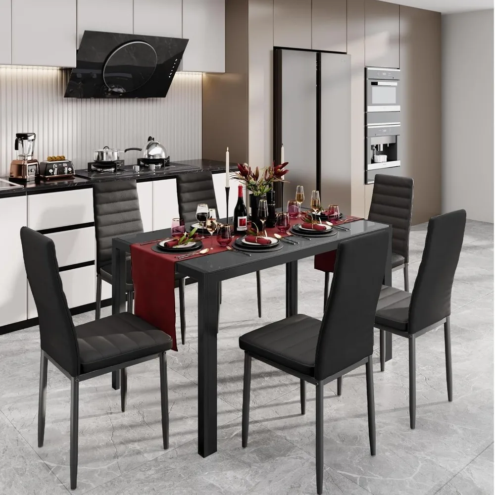 

Glass Dining Table Sets for 6 7 Piece Kitchen Table and Chairs Set for 6 Person PU Leather Modern Dining Room Sets for Home