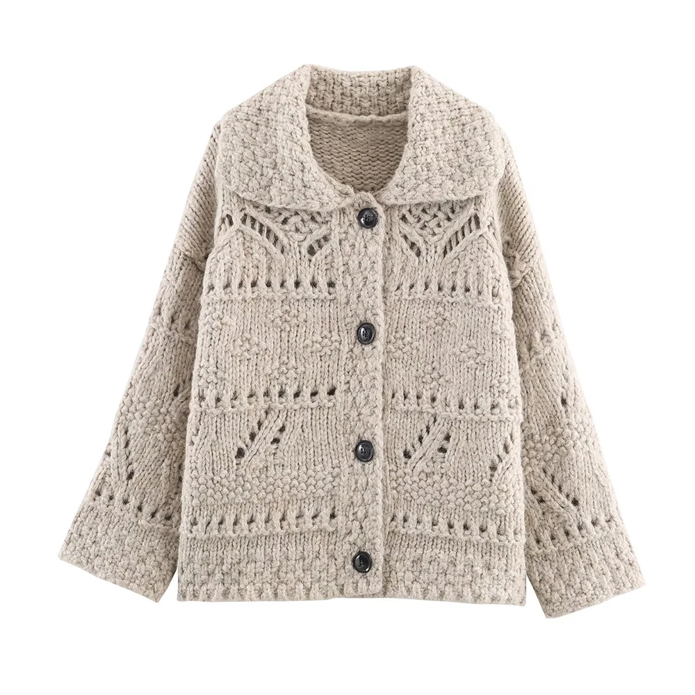 

Sweet Fashionable Loose Knitted Sweater Coat Hollow Out Design New Arrival Women's Autumn Clothing