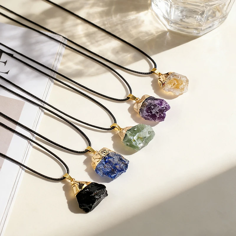 20-35x15-25mm Natural Irregular Semi-Precious Stone Rough Gold-Plated Necklace Gilding Women Pendant Birthday Gifts Chain 45+5cm