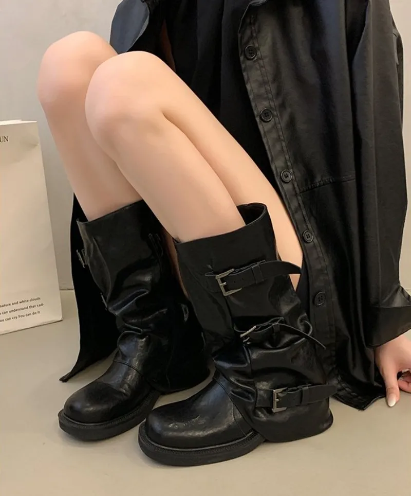 Runde Lederriemen-Schnallenstiefel für Damen - Frühjahr/Herbst neuer Stil, Retro schwarze Denim-Stiefel, Ritterstiefel, schlanke halbhohe Stiefel – Detail 11