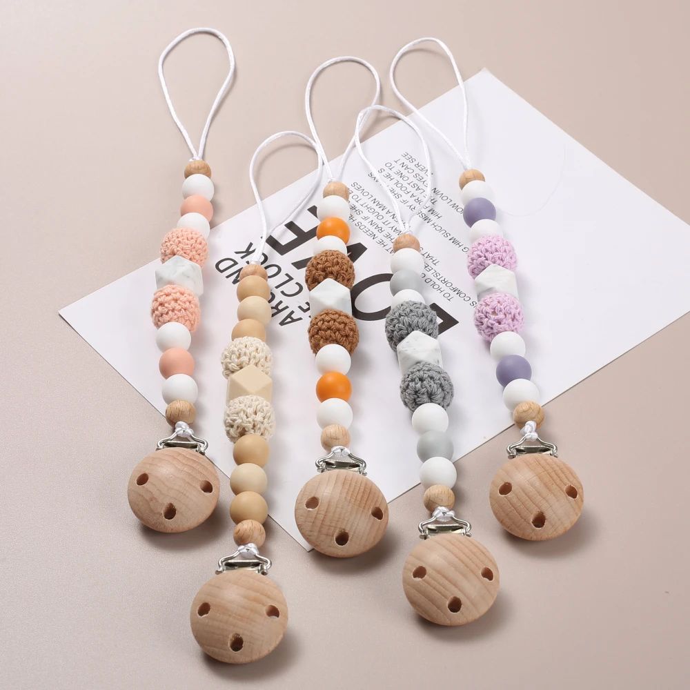 Beech Wood Dummy Holder Clips Wooden Felt Ball Silicone Beaded Baby Pacifier Chain For Food Grade Appease Nipple Chain Care Toy