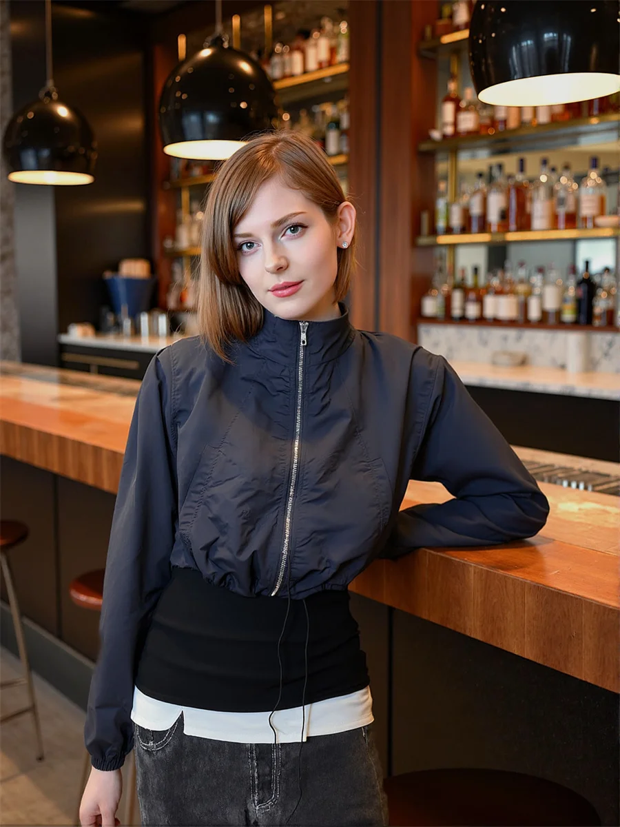 

Cropped Pleated Zipper Jackets Coats Woman Demi-Season Jacket For Women Autumn Elegant Wavy Morning College Turtleneck Cozy Soft