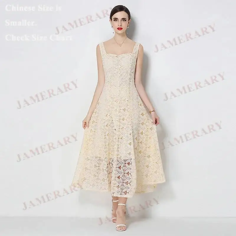 

Summer Embroidery Lace Formal Evening Long Dresses Women Sleeveless Tank Hollow A Line Elastic Waist Party Autumn Dress Wedding