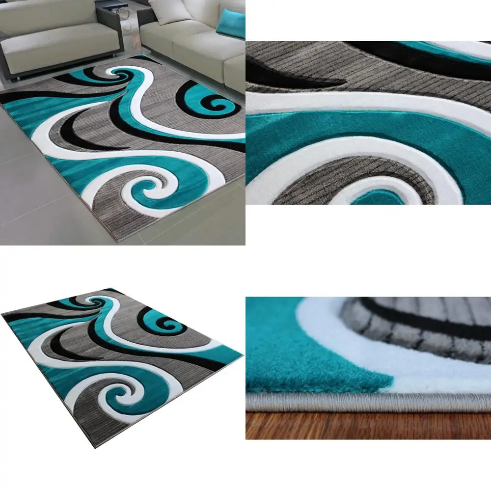 

Sophia Collection Hand-Carved Area Rug, Modern Turquoise, White, Grey, and Black, 5'3 x 7'