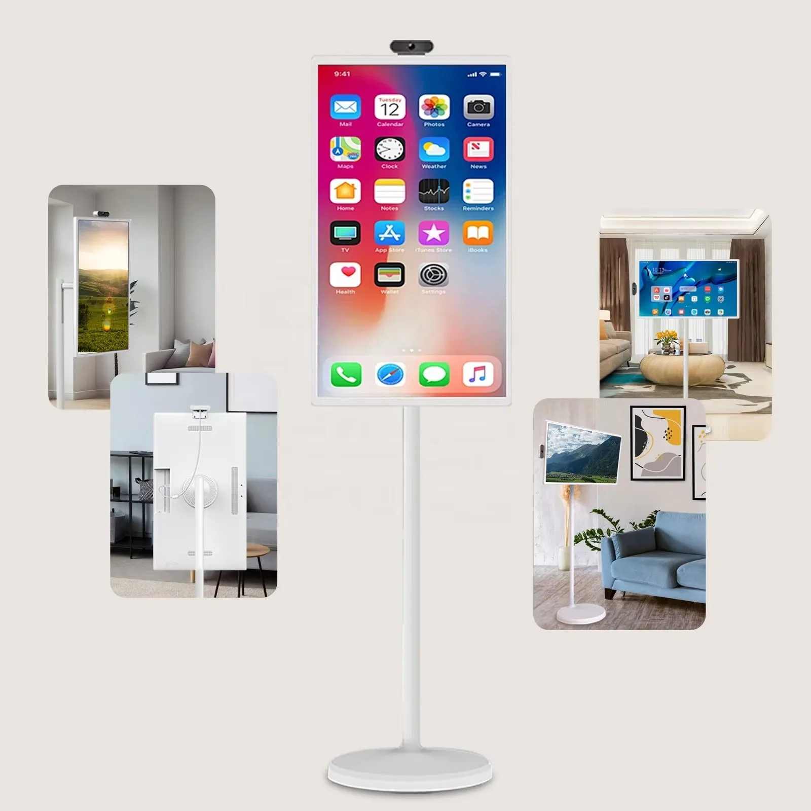 Televisor Portátil con Android 12 para Cocina, Televisor OFD con Batería, Smart TV Blanco con Ruedas