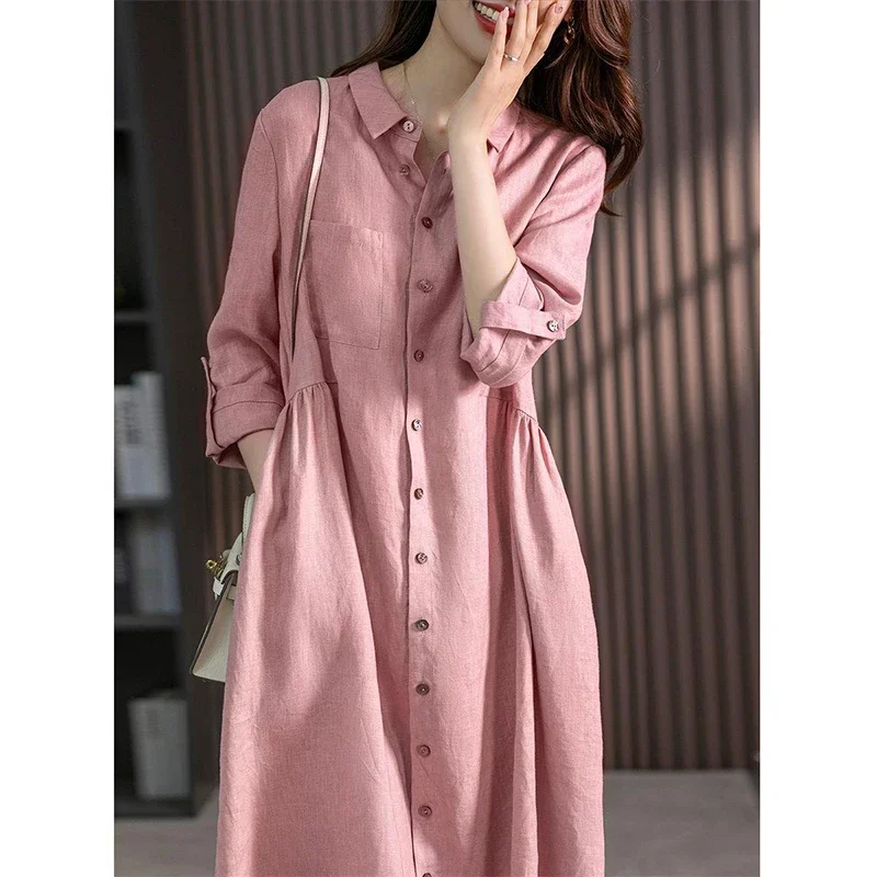 Coreana Cotone Lino Camicia Vestito Signora Mezza Manica Allentato Casual Robe Femme Bottoni Abiti Abbigliamento Donna ZL78