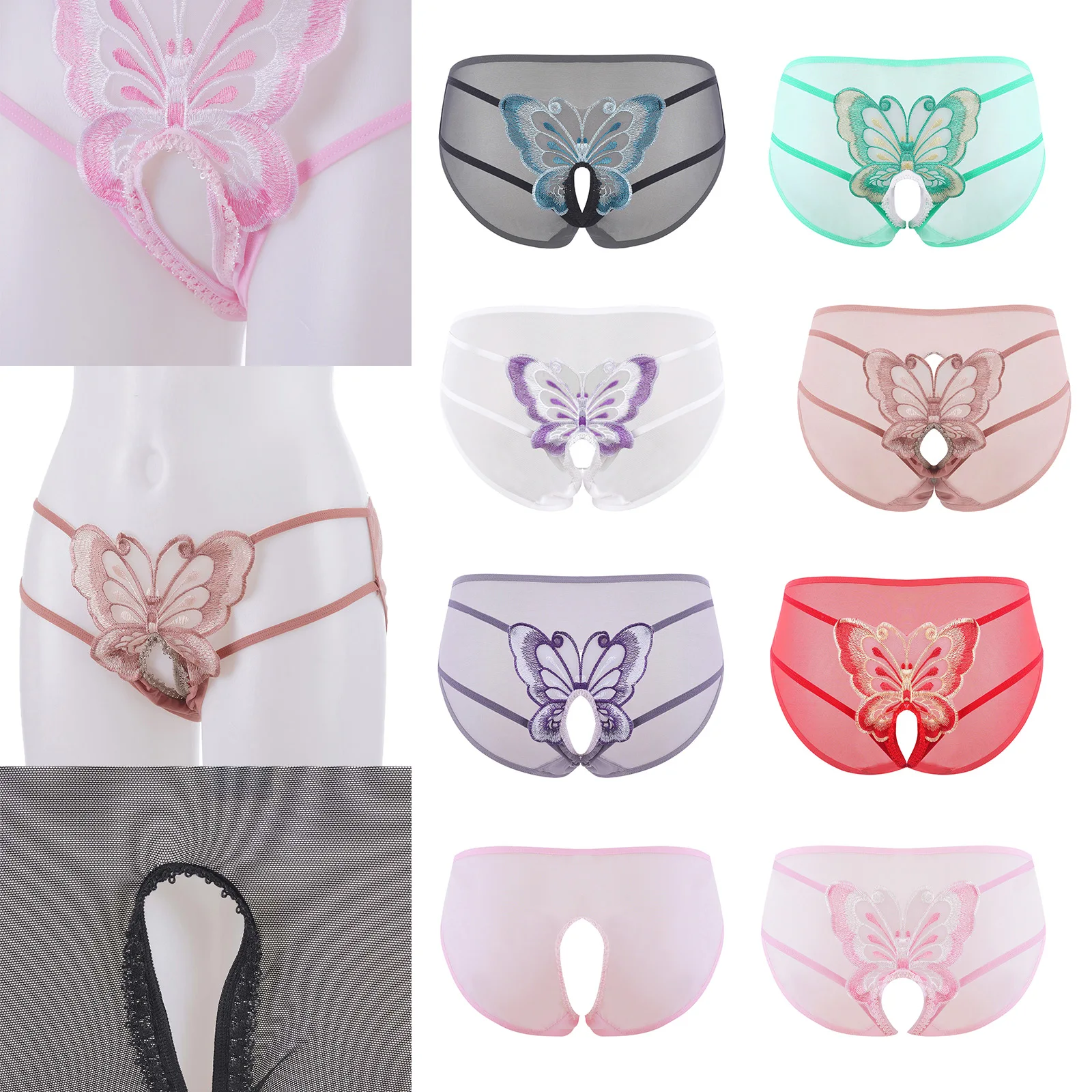 Mens Butterfly Embroidery Mesh Underwear Open Crotch Low Rise Hollow Out Sissy Panty Transvestite Breathable Briefs