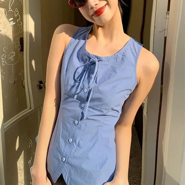 Romantic French Style New Women Tops Cotton O Neck Sleeveless Single Breasted Slim Solid Blue Vest French Elegant Female Clothes