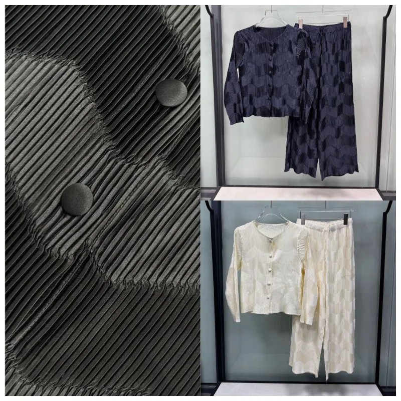 Miyake Pleated Pants Set 2026 Glossy Pleats 2-Piece Set Autumn New Fold Design Two-Tone Glossy Straight Wide-Leg Pants Set Women