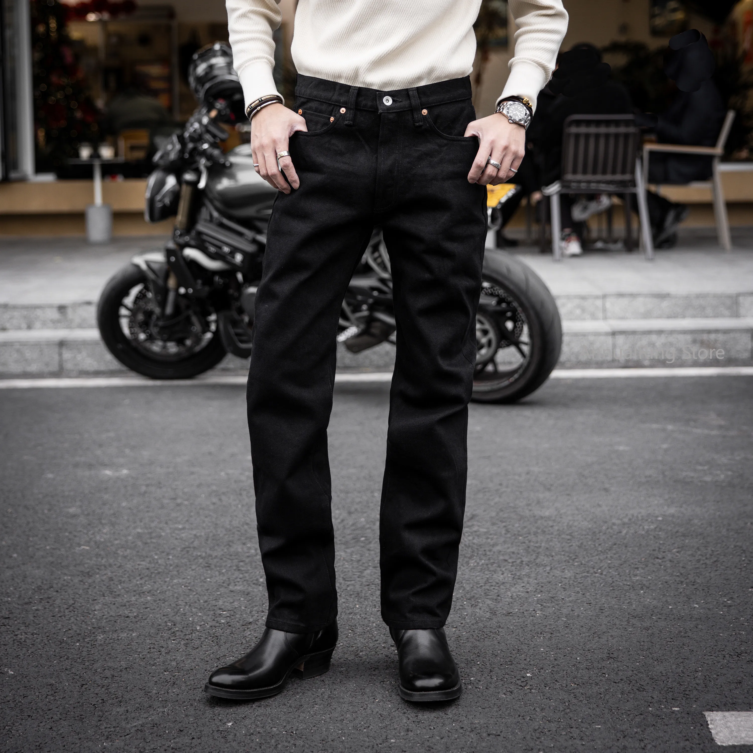 Red Tornado NOIR 21oz Selvedge Denim Slim Straight Cut Jeans in Black Rugged Style Men's Casual Pants