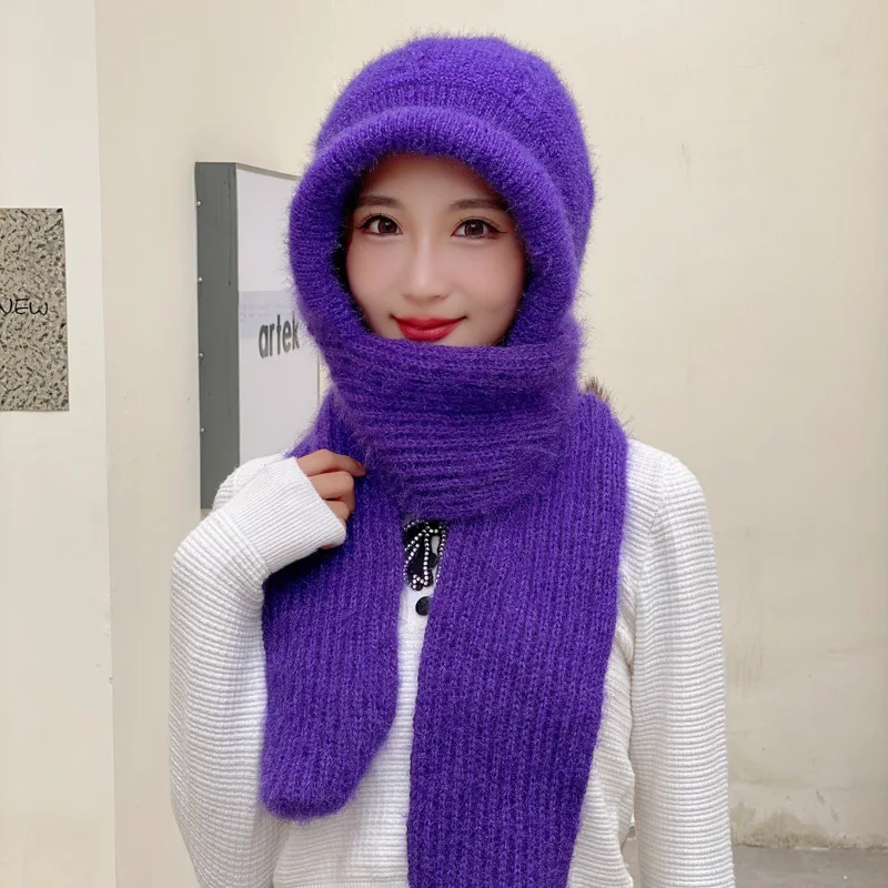 Women casual acrylic knitted hat Warm scarf sets Solid fleece inside thickened  beanie caps Skullies windproof skullcap