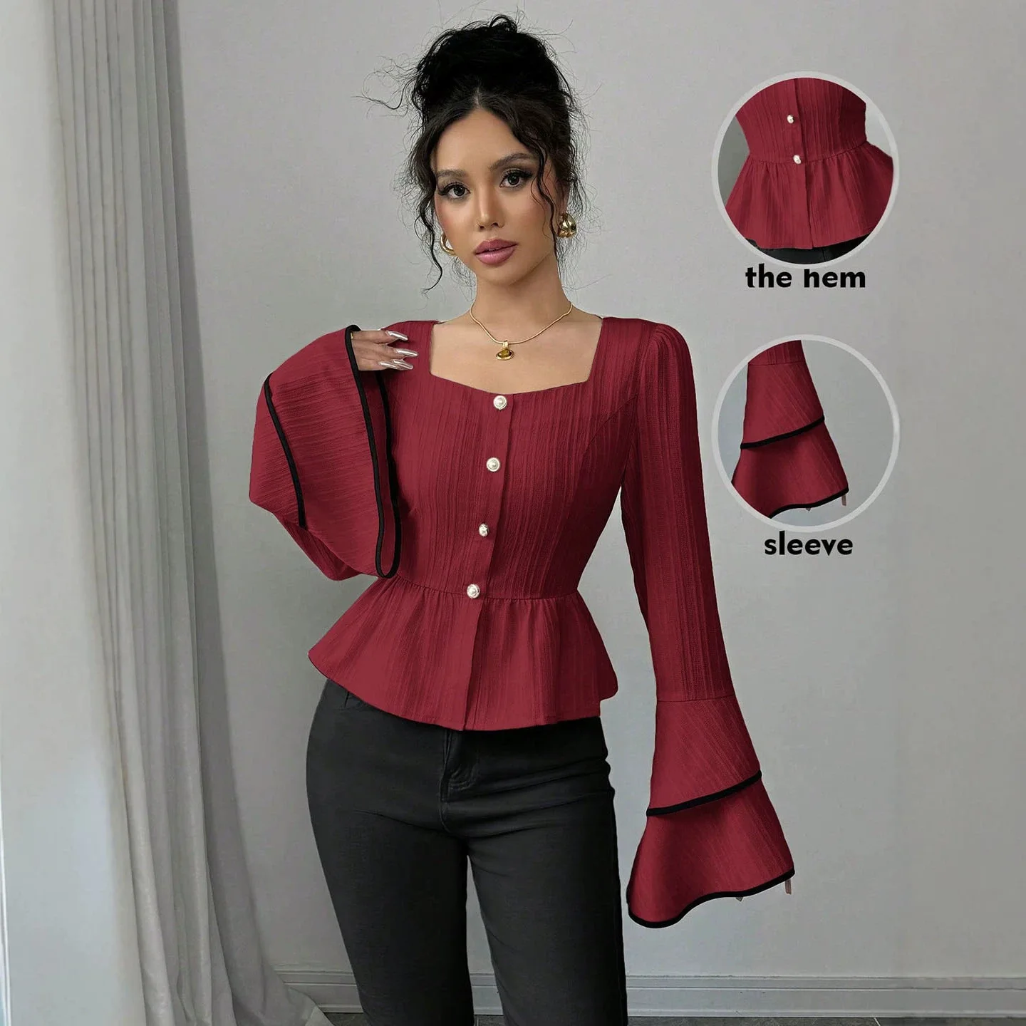 Camisa Borgonha Elegante 2026 com Gola Quadrada, Abotoamento Simples, Cintura com Babados, Detalhes em Cor Contrastante e Mangas Sino Ampla
