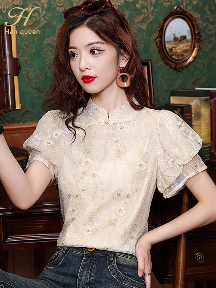 H Han Queen Summer Simple Elegant Embroidery Lace Blouses Womens Korean Loose Casual Vintage Short Sleeve Shirts OL Office Tops