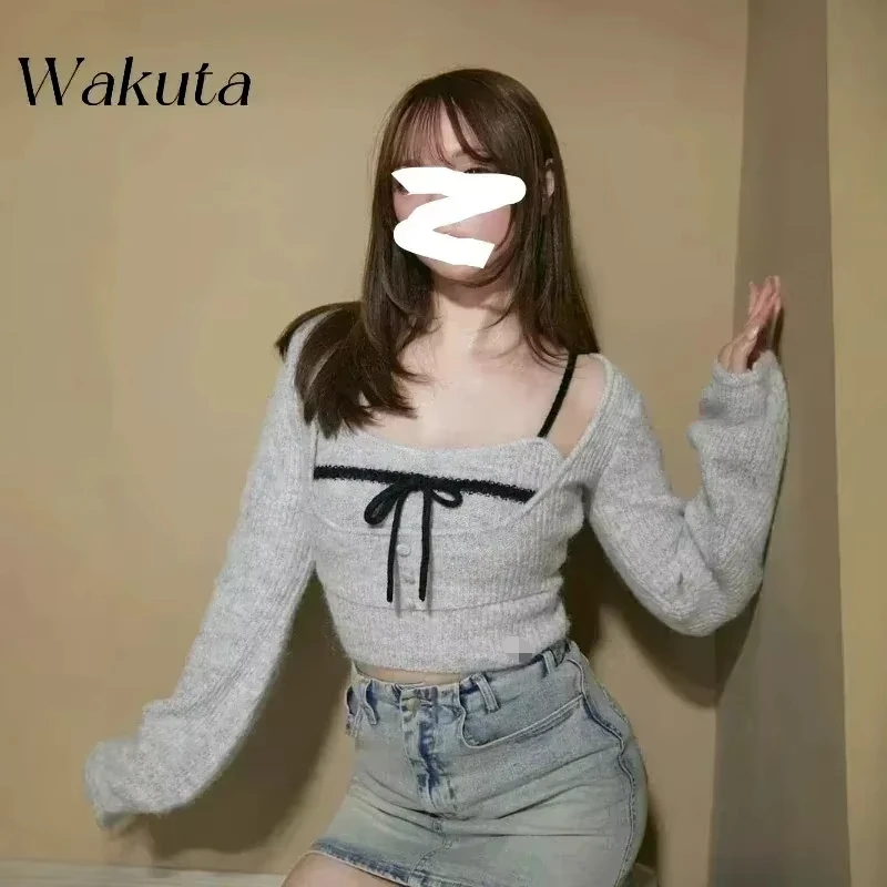 

WAKUTA Japanese Pure Desire Bow Tie Camisole Knit Jumpers Sexy Fall Versatile Streetwear Long-sleeved Sweaters 여성 반팔 니트 Свитер