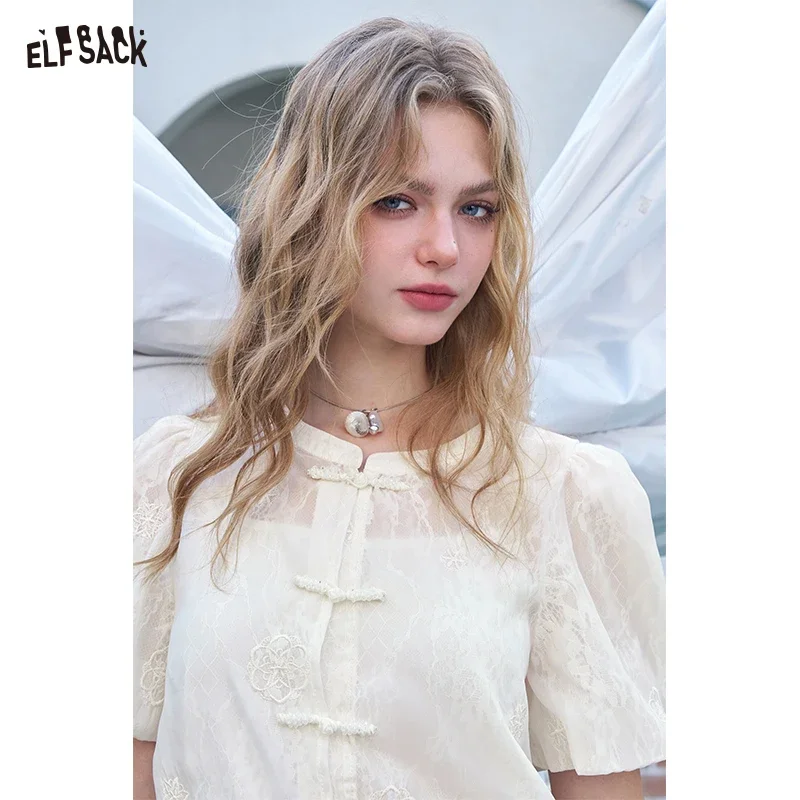 ELFSACK Summer New Chinese Jacquard Buckle Short Sleeved Chic Shirt For Women