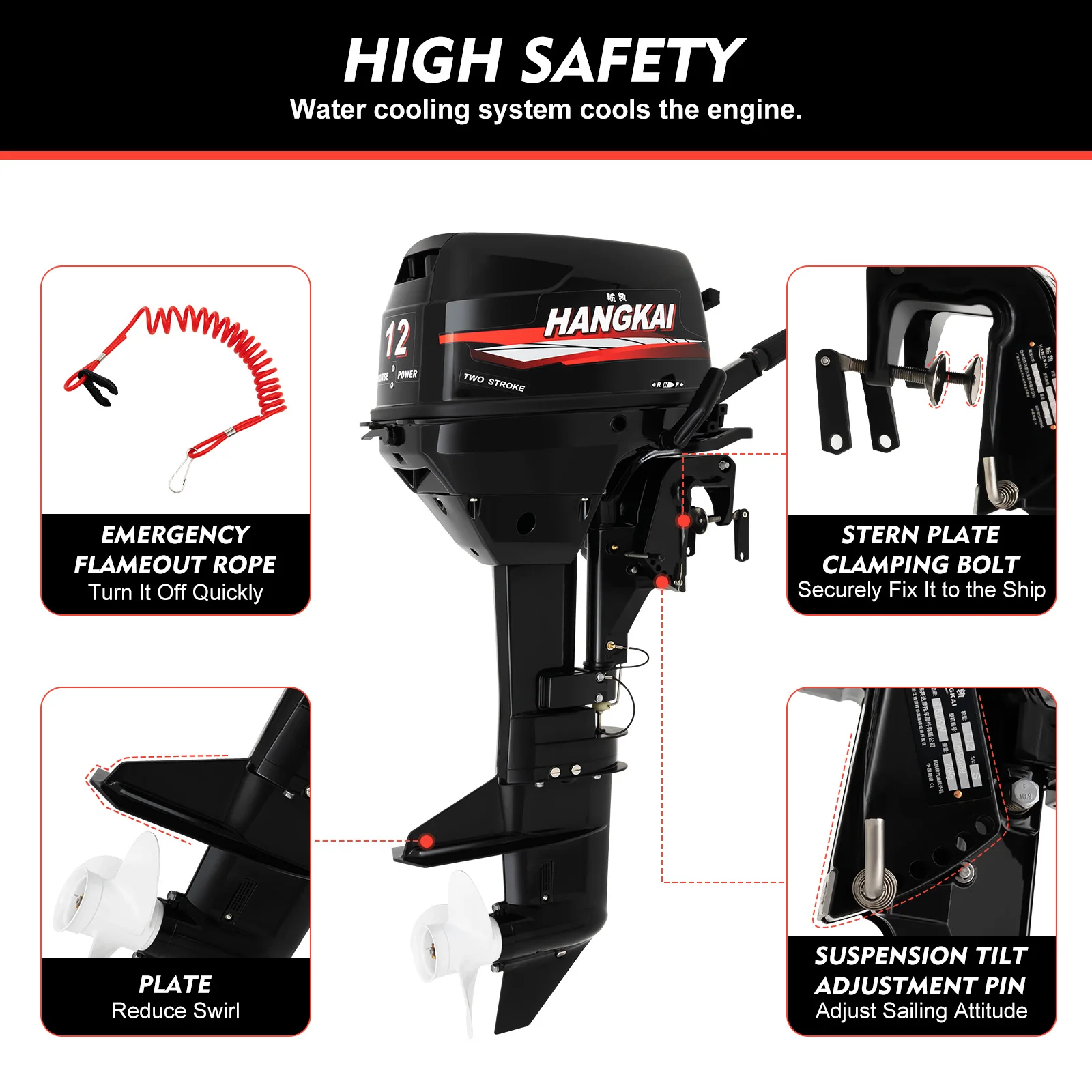 2-Stroke 12HP Outboard Engine Kit with Oil Pipe & Fuel Tank Water Cooling and CDI System Outboard Motor for Inflatable Boats