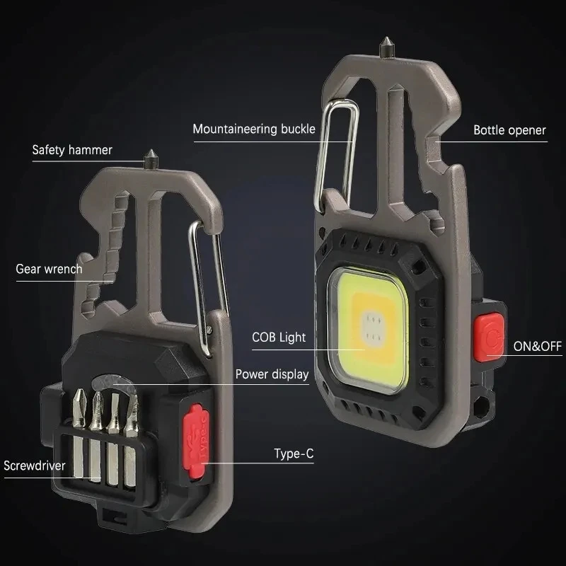 Mini COB Keychain Work Light with Battery Display 8 Modes Rechargeable High Lumens Portable LED Light for Camping Hiking Running