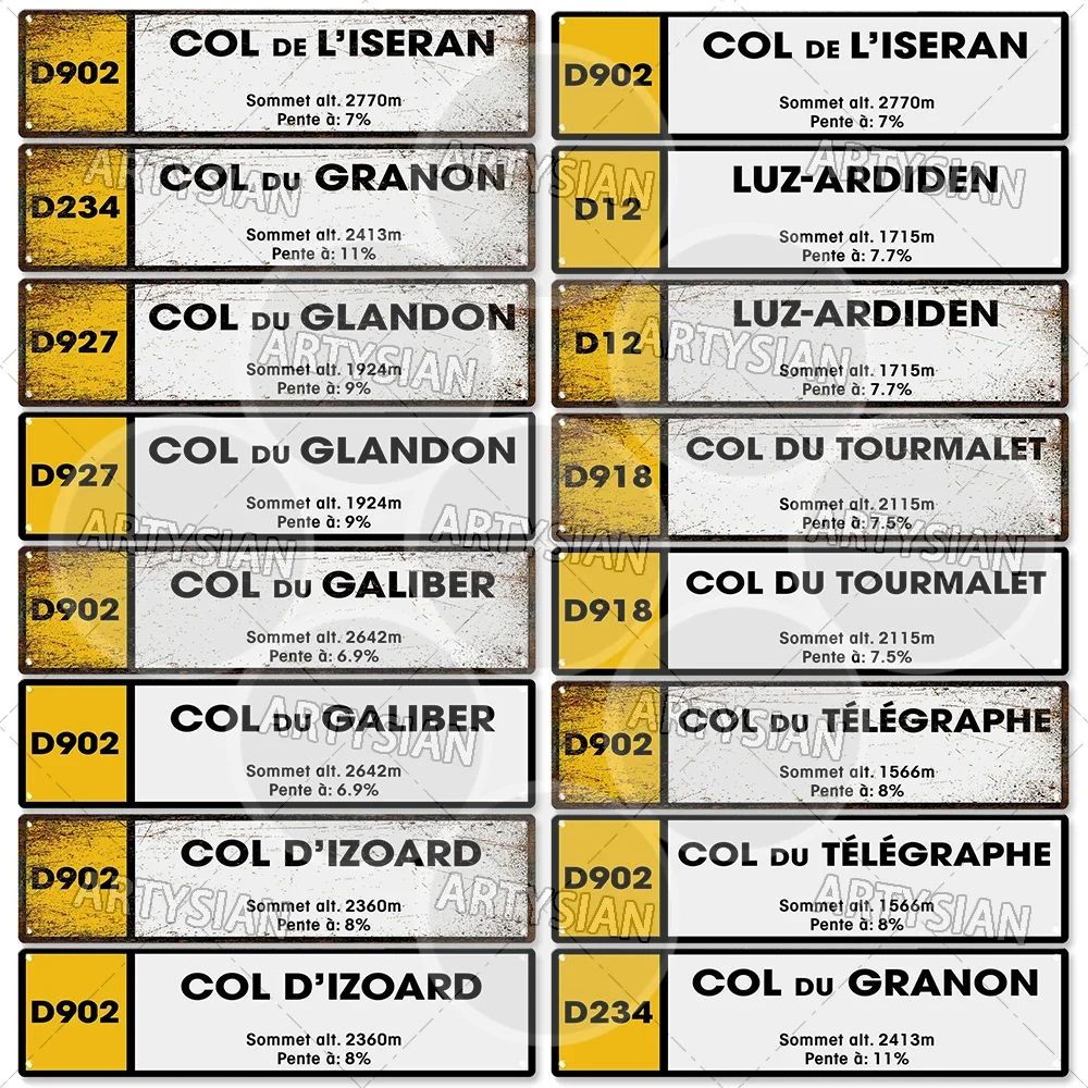 Cycling Metal Sign Tour de France Landmark Plaque Col de l'Iseran Col du Granon Luz-Ardiden Tourmalet Télégraphe Col d'Izoard