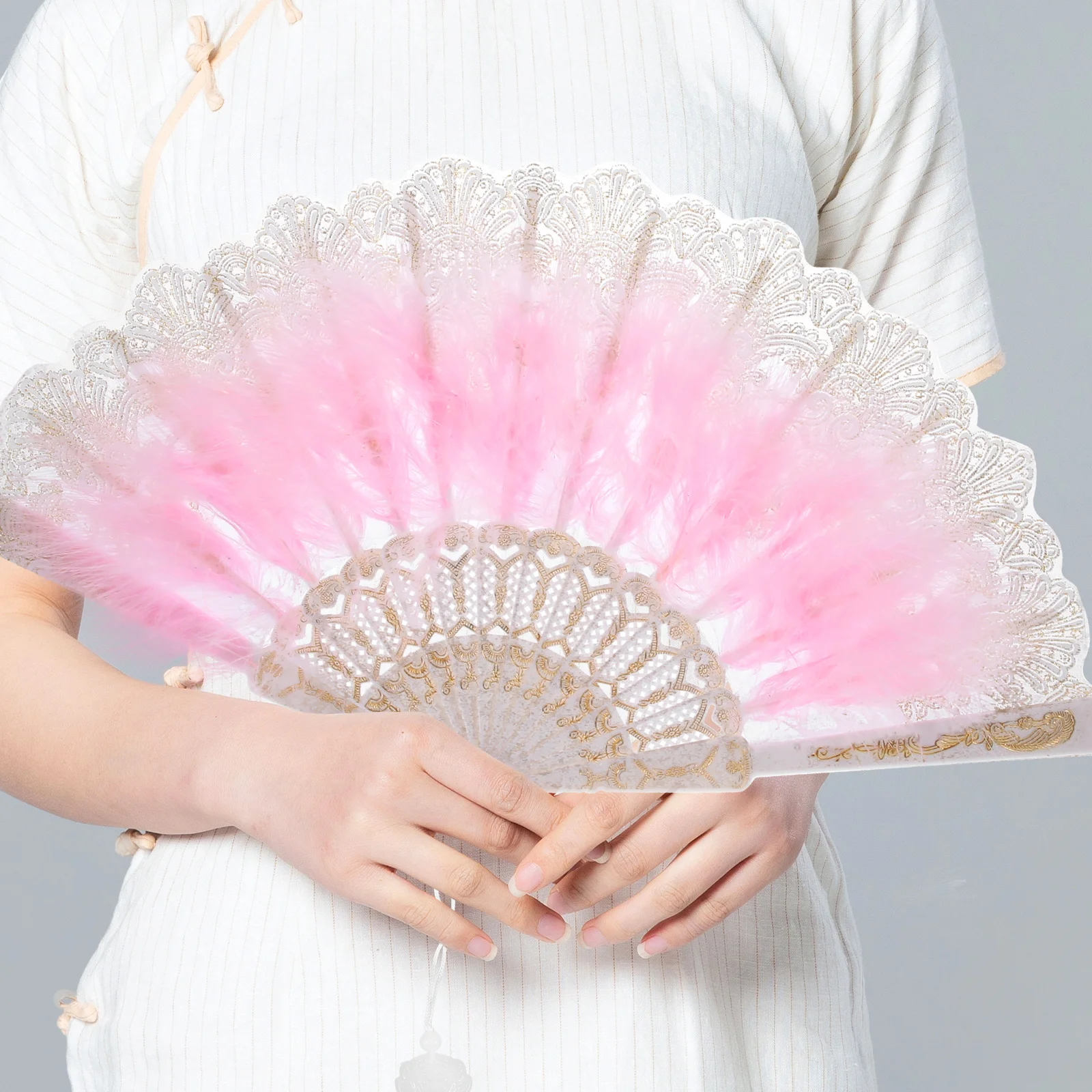 Fan Hand Fans Foldable Real Plume Wedding Bridal Decorative Pink Gold Embroidery Flower Design Costume Party Cosplay Tea