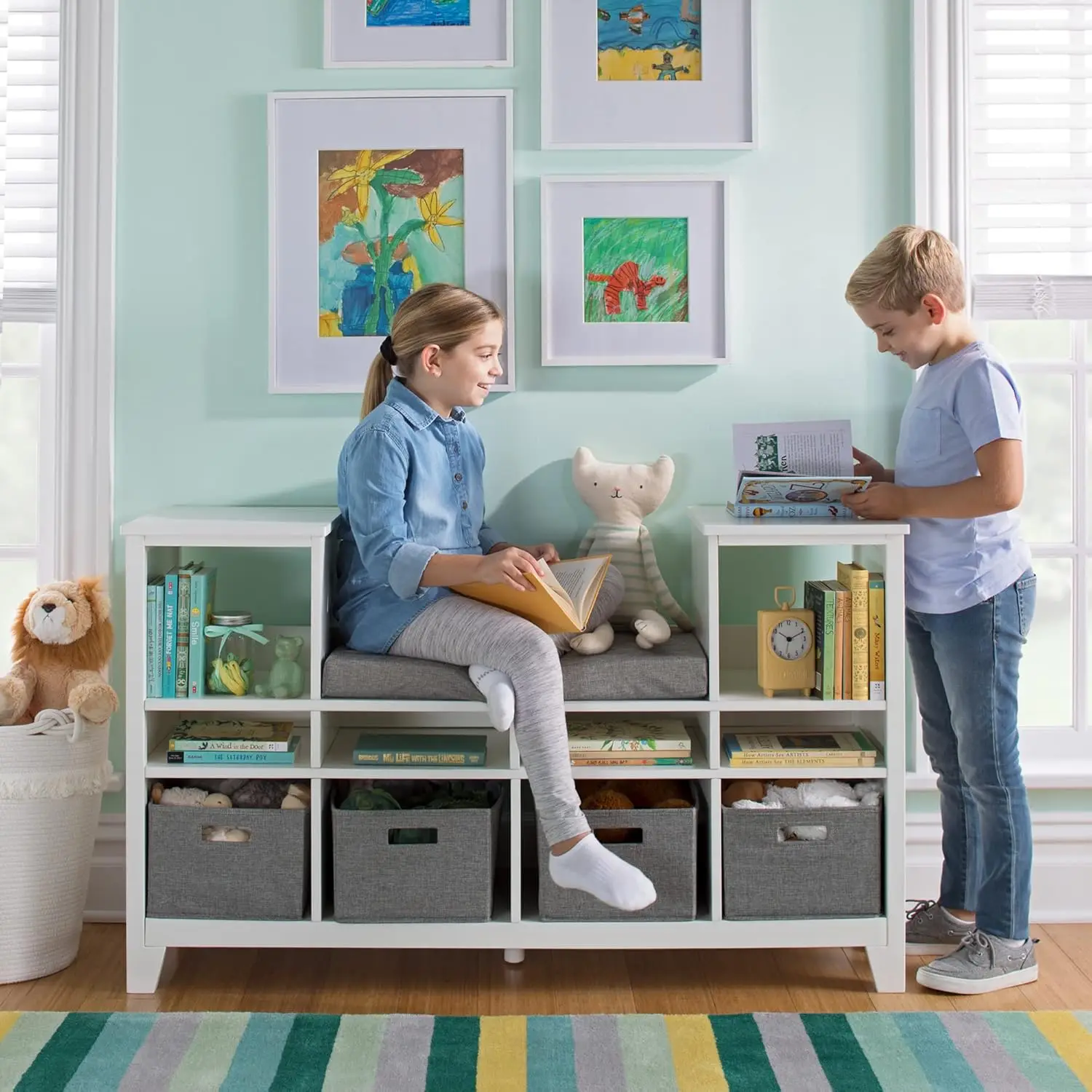 

Kids' Reading Nook - Linen White: Wooden Storage Bench Bookshelf Organizer with Seat Cushion, and Fabric Bins for, Customized