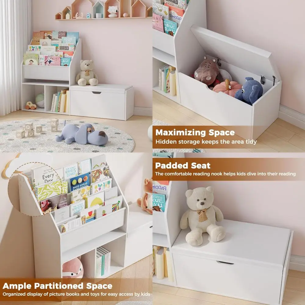 

5-уровневая детская книжная полка с уголоком для чтения, органайзером для хранения и подушкой для игрушек, многофункциональным книжным шкафом и местом для хранения вещей