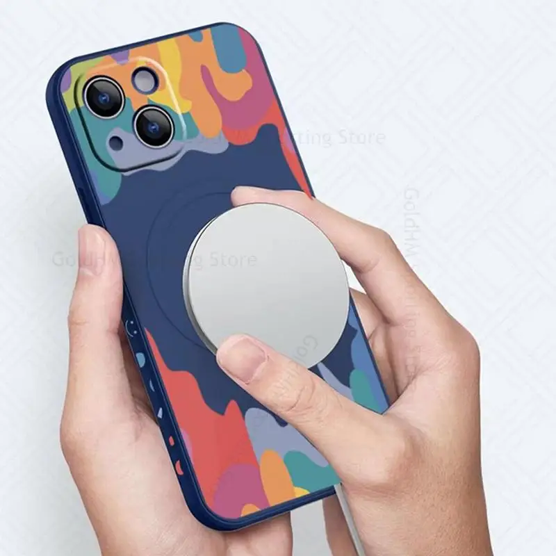 For Magsafe Silicone Case For iPhone 14 Pro Max Graffiti Smile Magsafing Cover For Apple 13 12 Pro Max 14 Plus Wriststrap Fundas