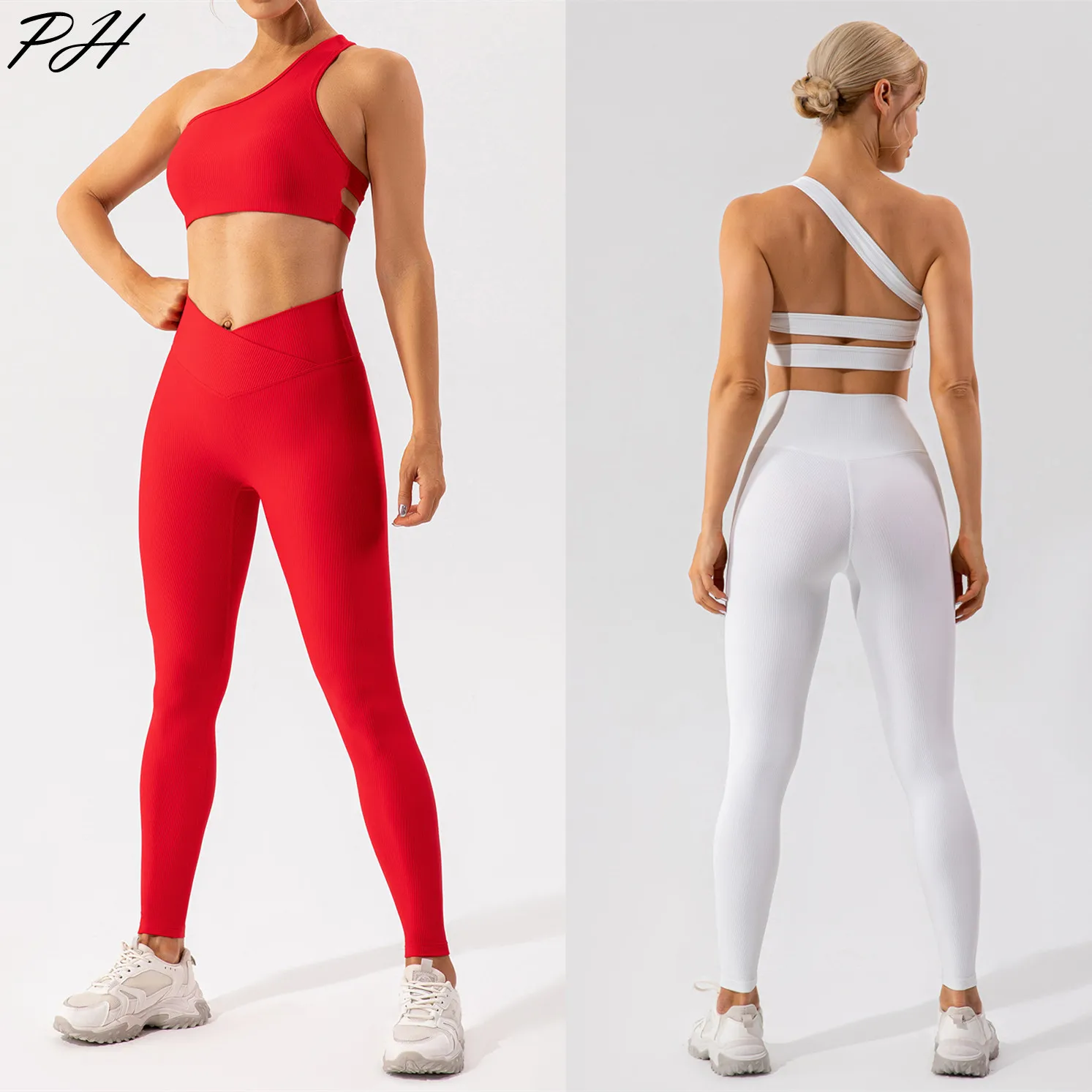 Yoga Set Women Ribbed Breathable Gym Set Outfits Leggings Set Women Sexy One Shoulder Sports Bra Yoga Tights Pants Fitness Suit