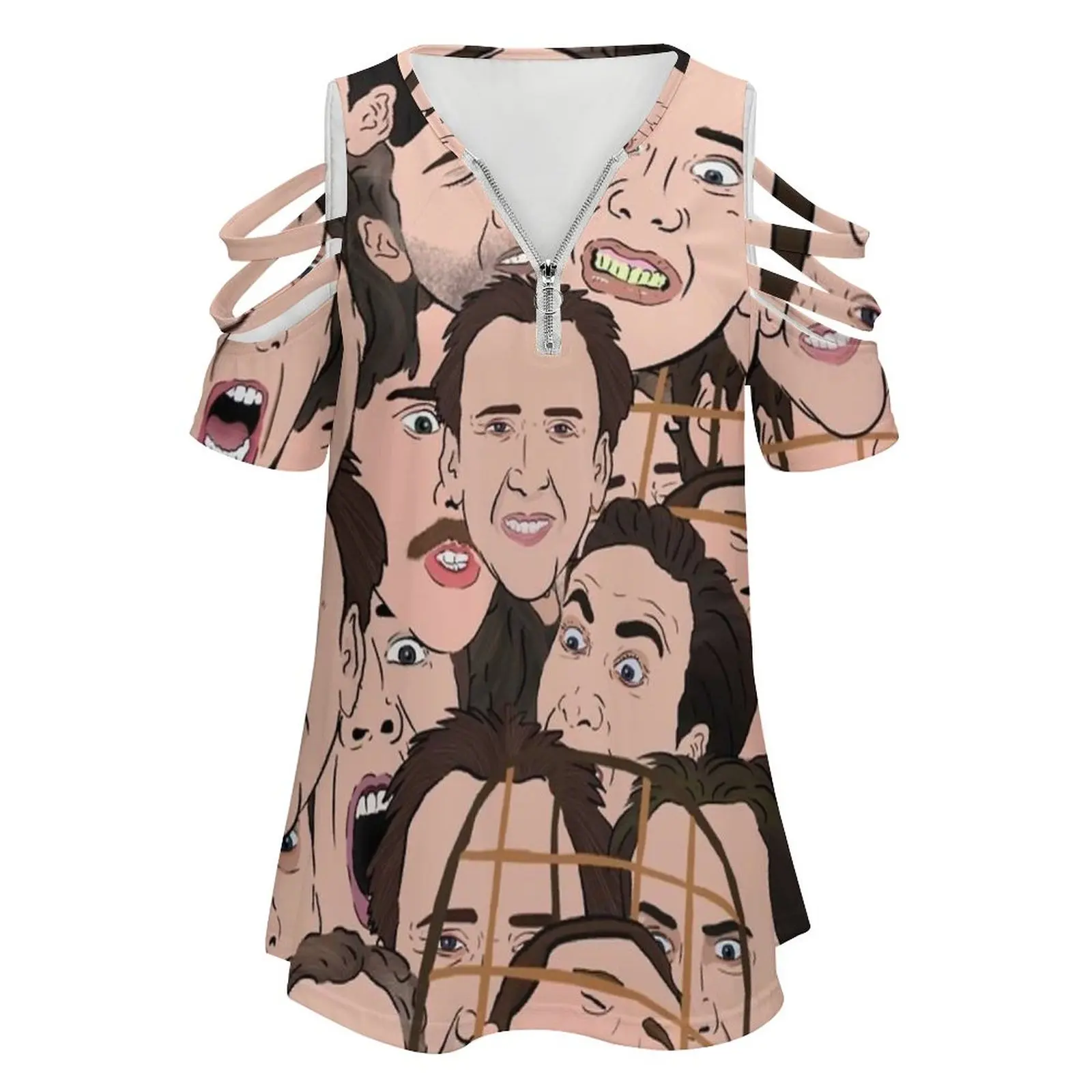 Nicolas Cage All Over Women'S T-Shirt New Fashion Printed Zipper V-Neck Short Sleeve T Shirts Casual Plus Size Nicolas Cage