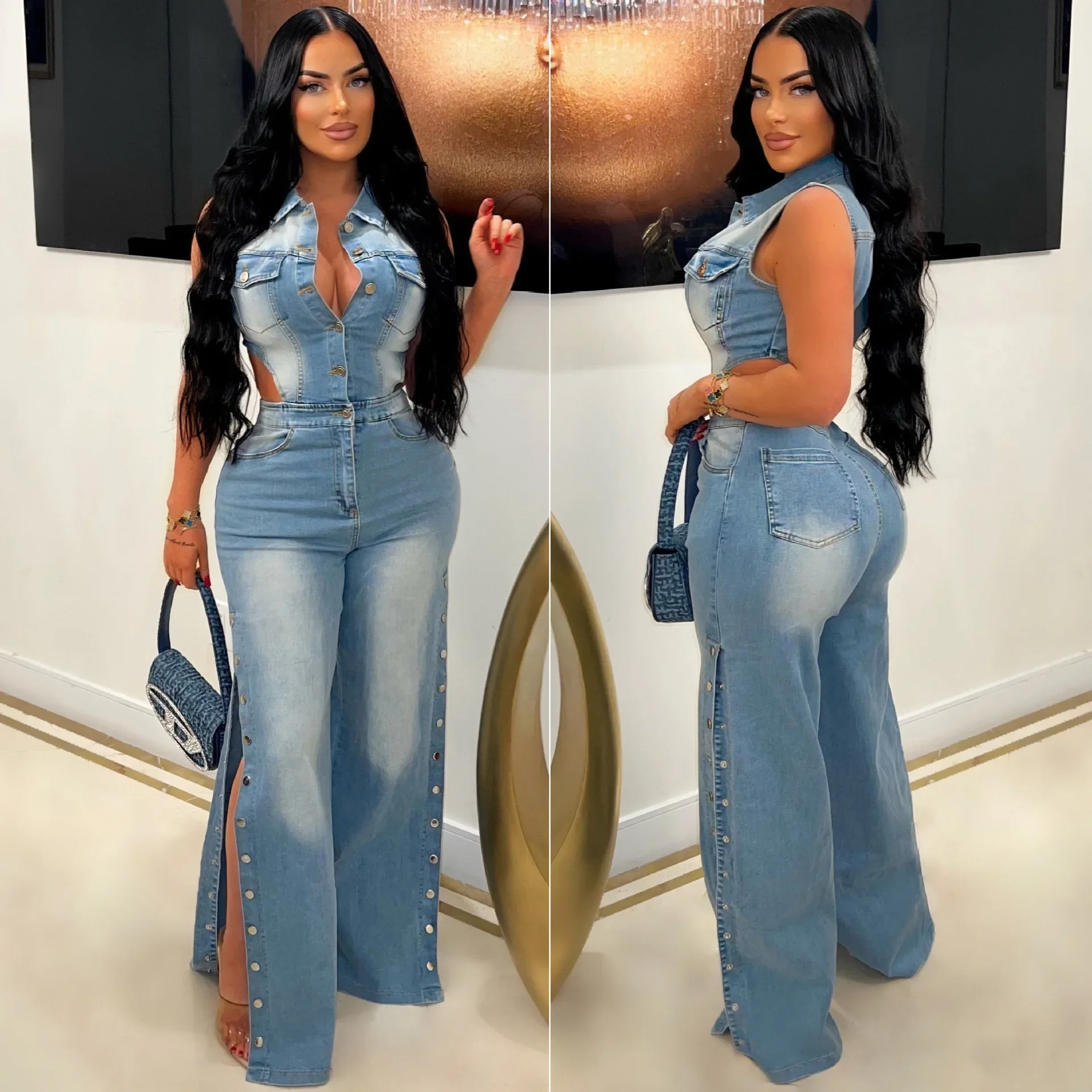 

Women Distressed Jeans Jumpsuits Washed Single Breasted Full Length Denim Pants Overalls High Waist Spliced Streetwear Slim