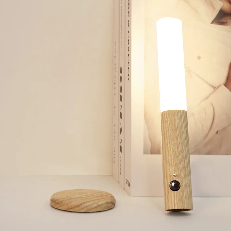 LED Rechargeable Imitation Wood Grain Automatic Induction Night Light Handheld Magnetic Suitable for Closet Bedroom Corridor