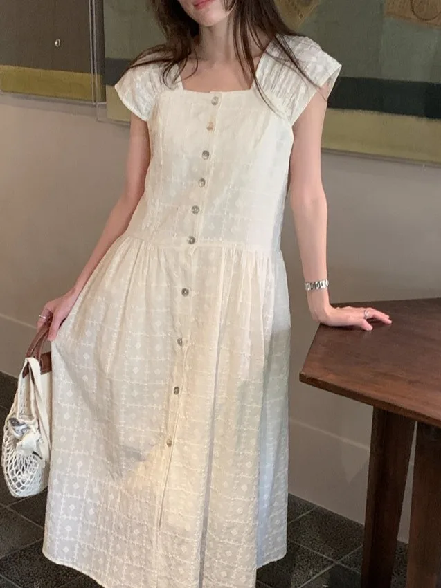 

Ele Long Lace Dr with Square Collar Single Button Design for Women Dongda Gate 2025 Summer Collection Commute Sle